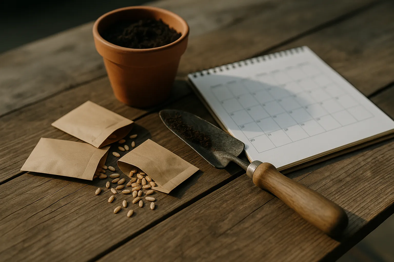 Gartenarbeit im Frühjahr: Saatgut, Werkzeug und Kalender auf einem Holztisch