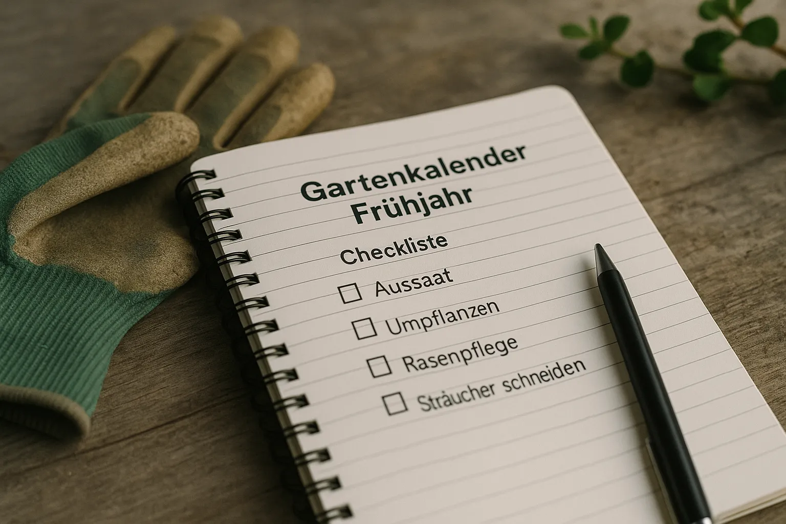 Gartenkalender Frühjahr Checkliste mit Handschuhen und Notizbuch