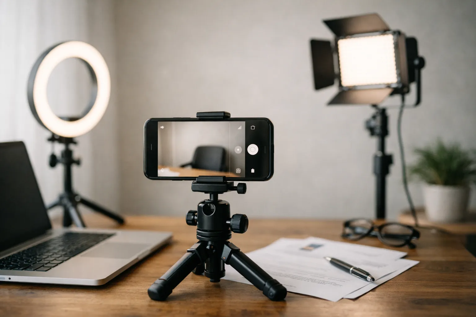 Selbst gemachtes Bewerbungsfoto zuhause mit neutralem Hintergrund und weichem Fensterlicht