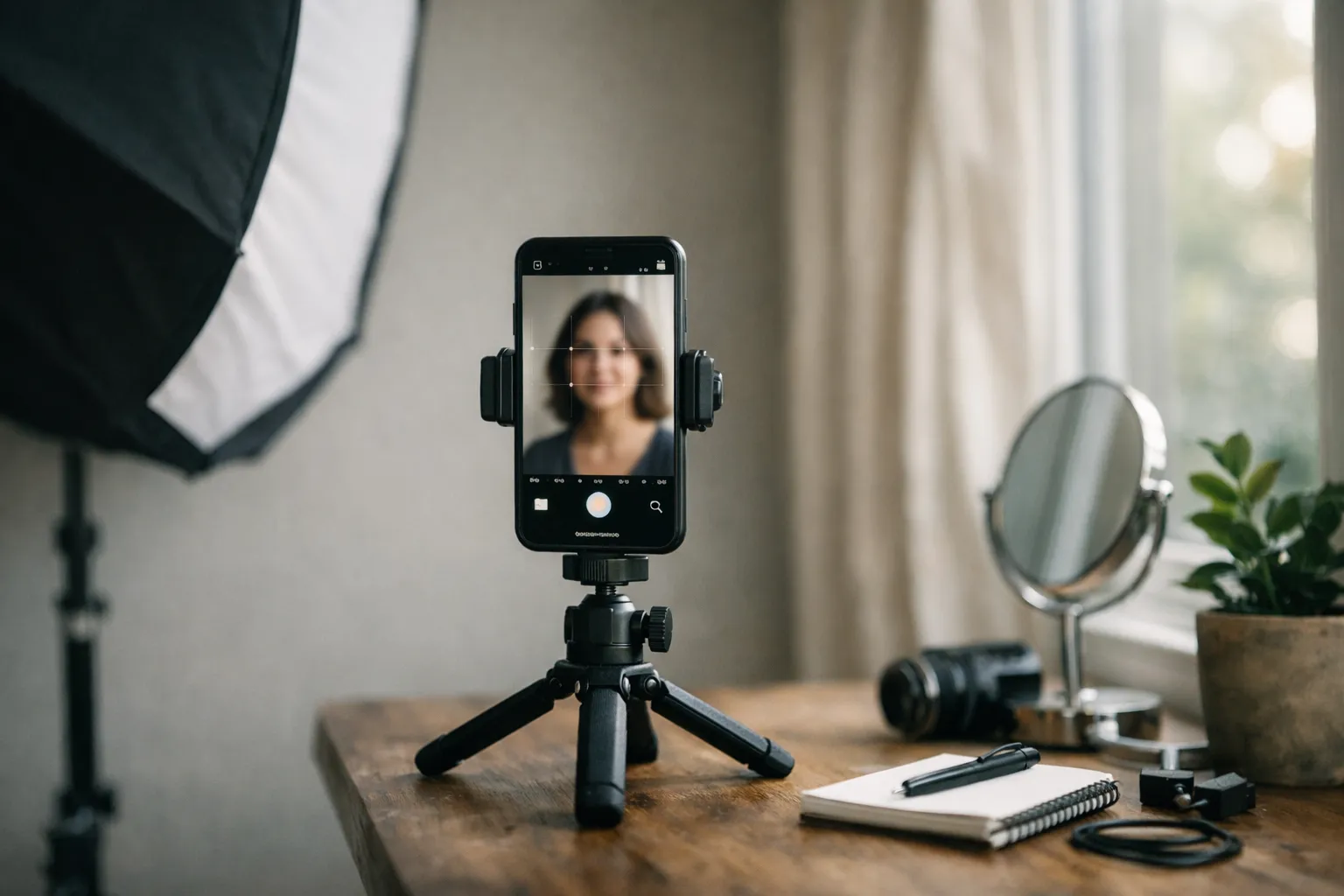 phone headshot at home setup near a window with simple background