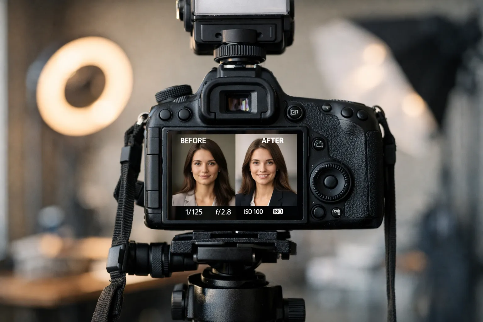 before and after corporate portrait examples showing retouching, color correction, and consistent crops