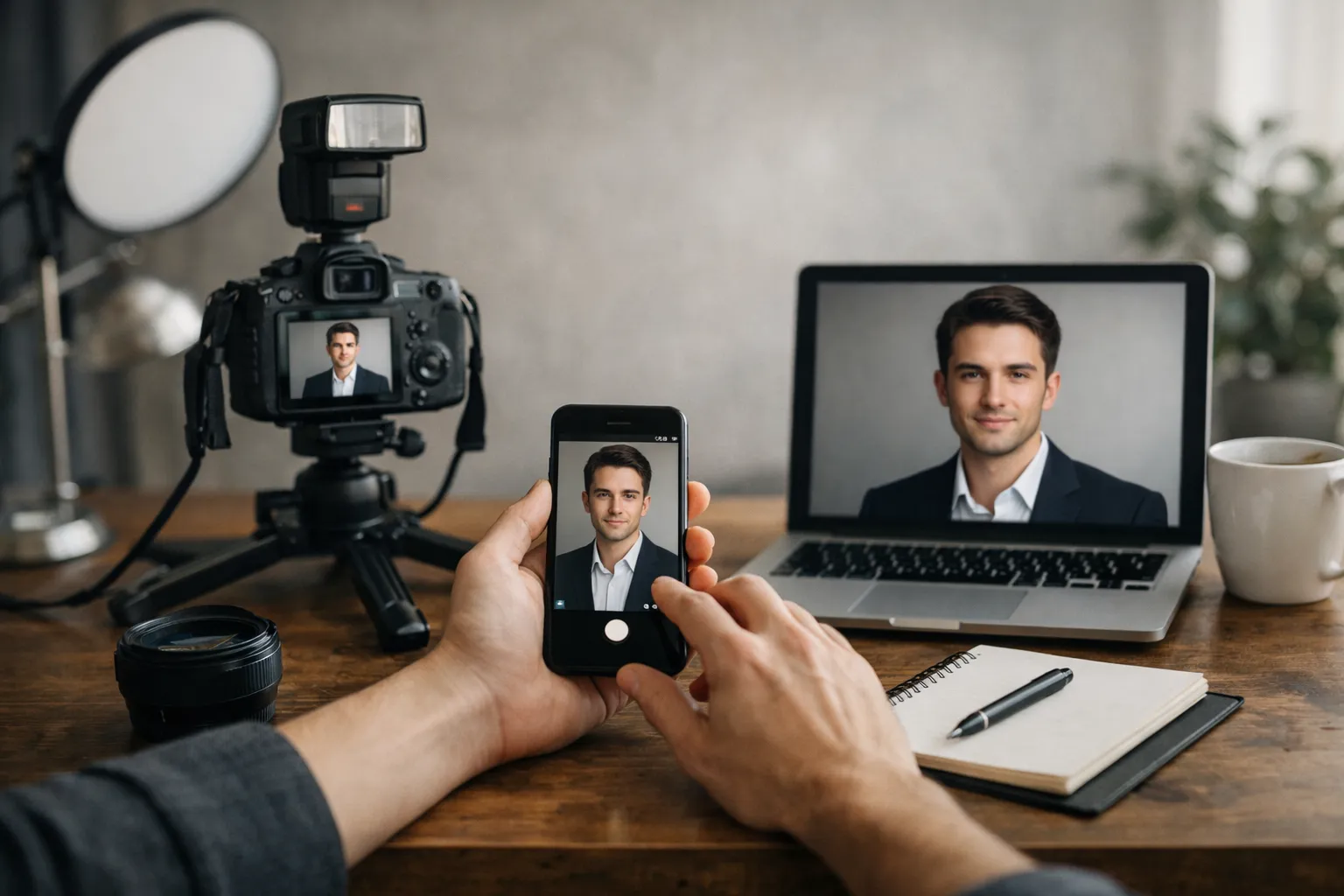 Arbeitsplatz-Skizze mit drei Foto-Optionen, bewerbungsfoto vergleich: Studio, DIY, KI