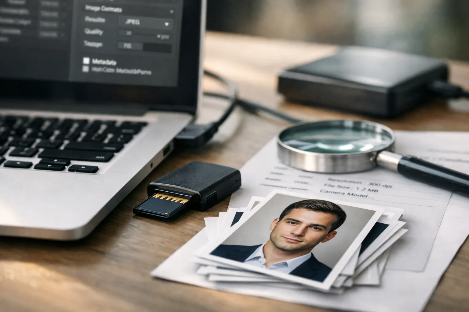 Workflow Grafik: Export, Kompression und Metadaten-Check für digitale Bewerbungsbilder