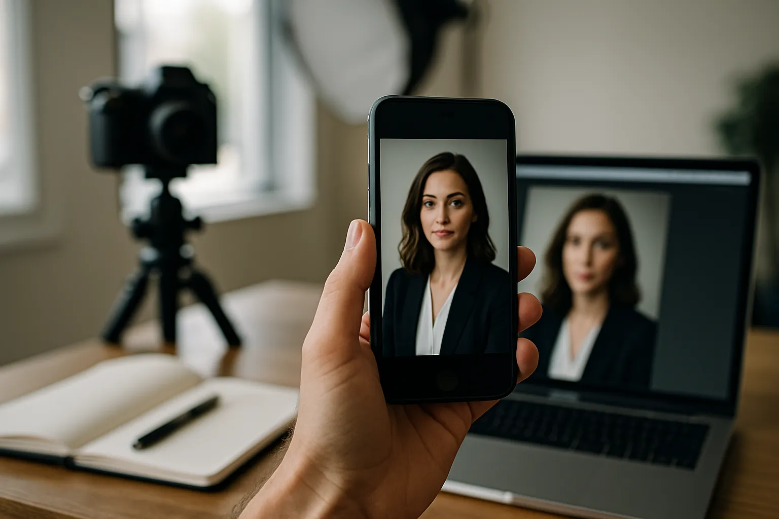 Side-by-side collage of studio, on-site, and virtual team headshots