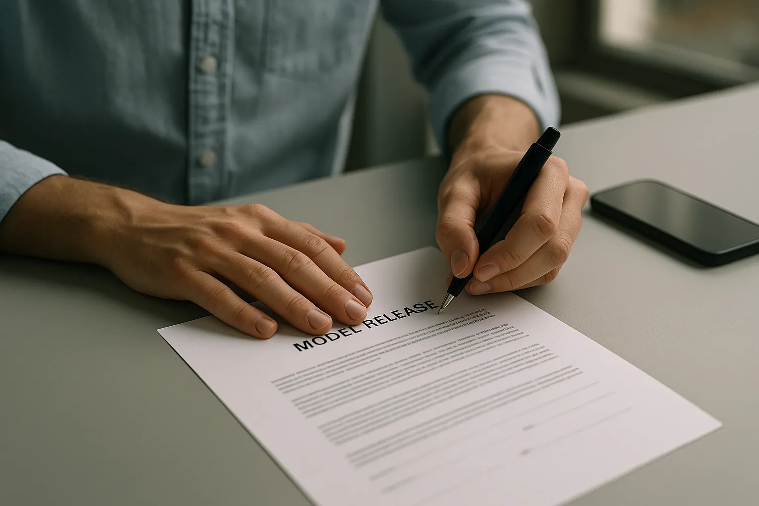 policy and licensing for professional headshots pricing Signing a model release document during a company photo day