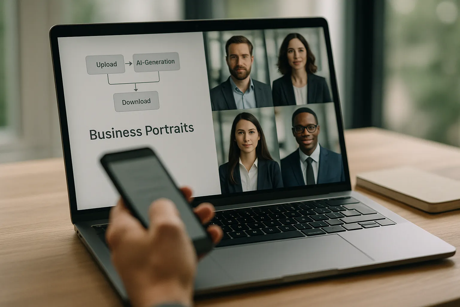 Workflow-Grafik: KI-Prozess für preiswerte Business Portraits, kosten pro mitarbeiterfoto