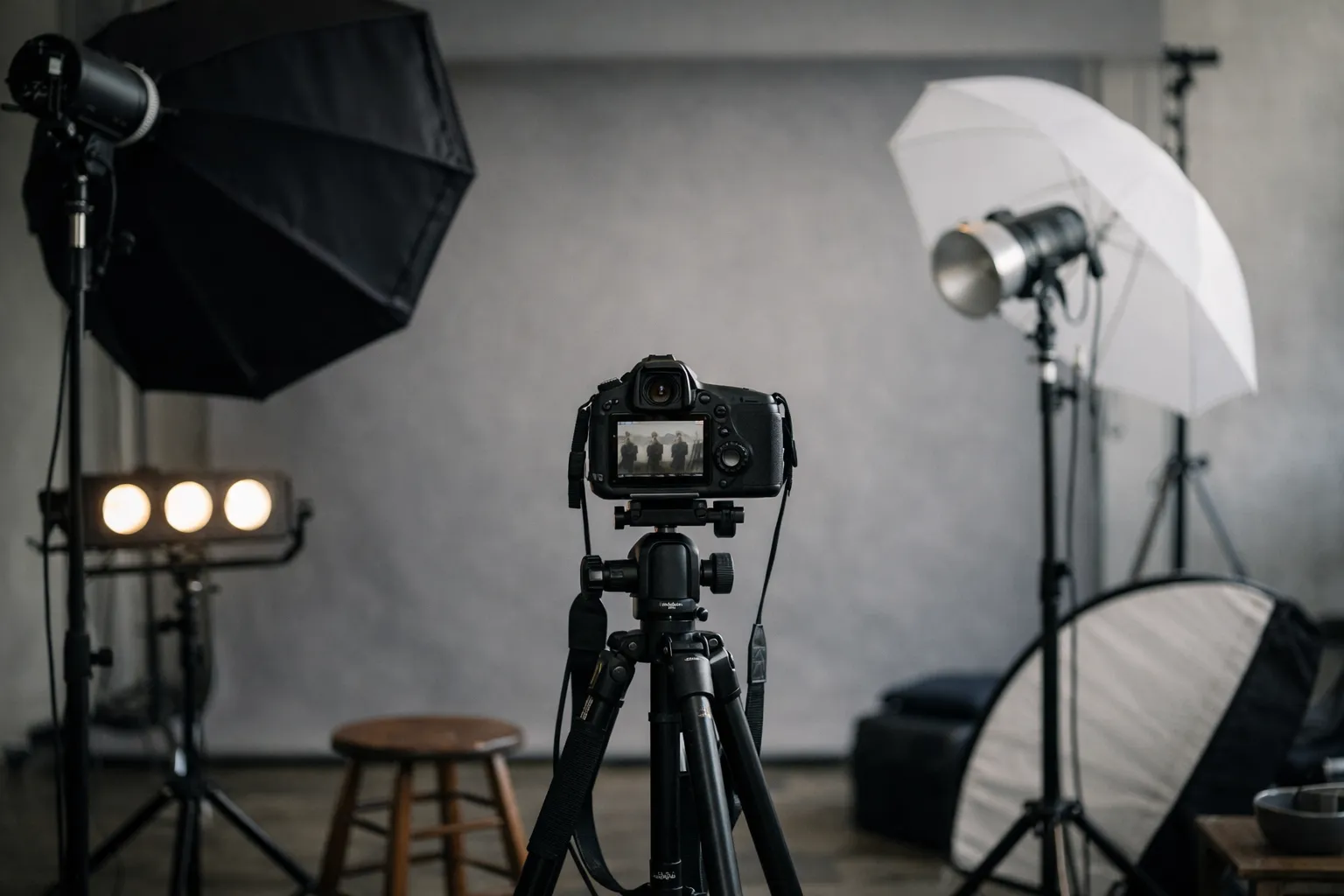 Vergleich verschiedener Hintergründe für Firmen-Gruppenfotos: Studio, Büro und Freisteller