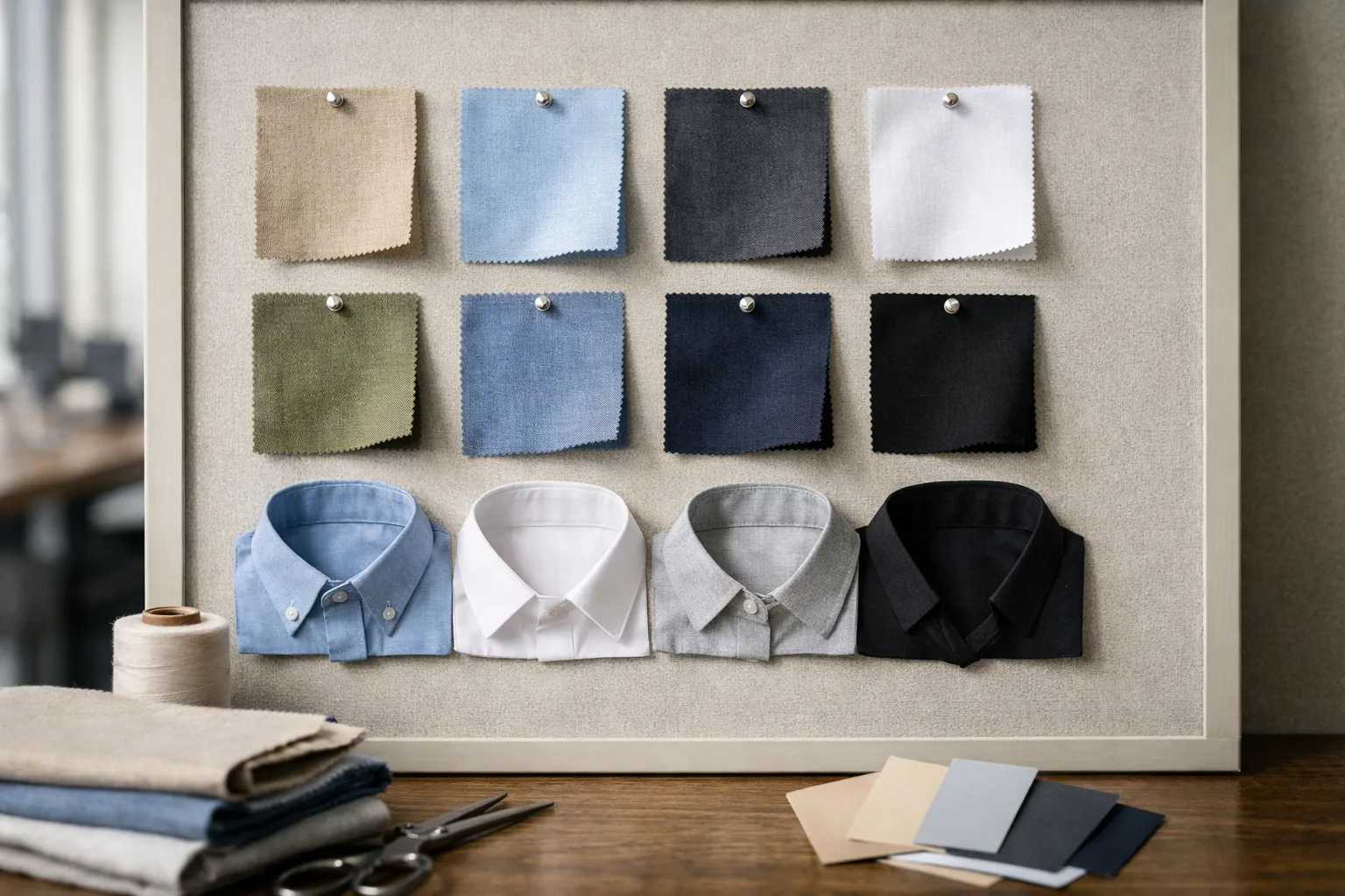 Moodboard für einheitliche Team-Porträts: Farbschema, Stoffe und Kragenformen im Vergleich