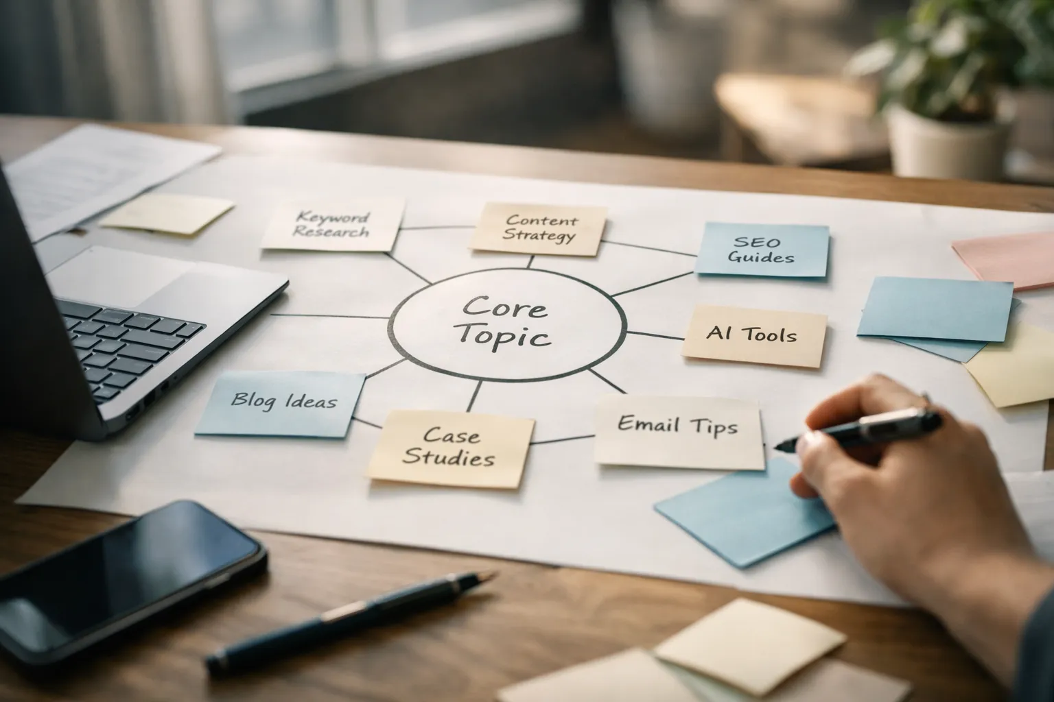 SaaS content marketing AI topic cluster map showing pillar pages and supporting articles