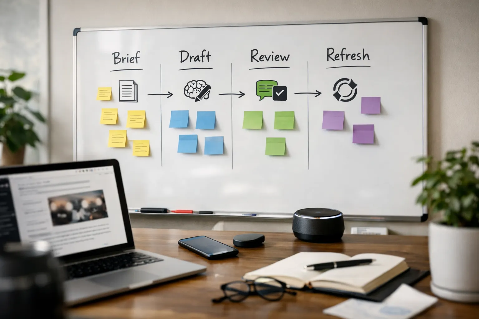 Workflow board for ai-powered content ops for saas including brief, draft, review, and refresh