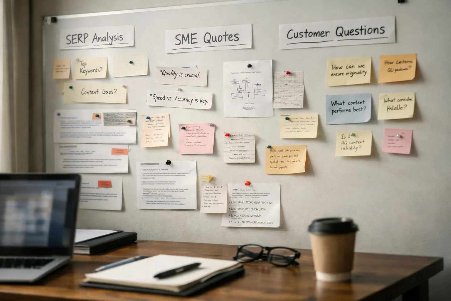 AI content workflow research board showing SERP notes, SME quotes, and customer questions