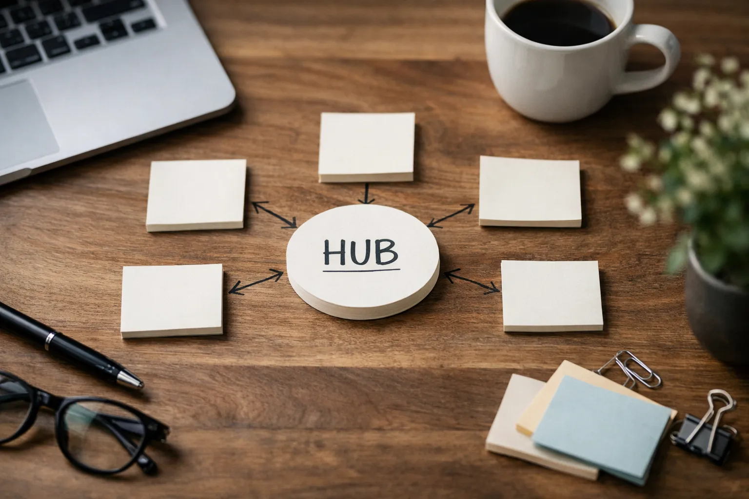 Simple diagram of a hub page linking out to related supporting pages, showing a hub-and-spoke content model