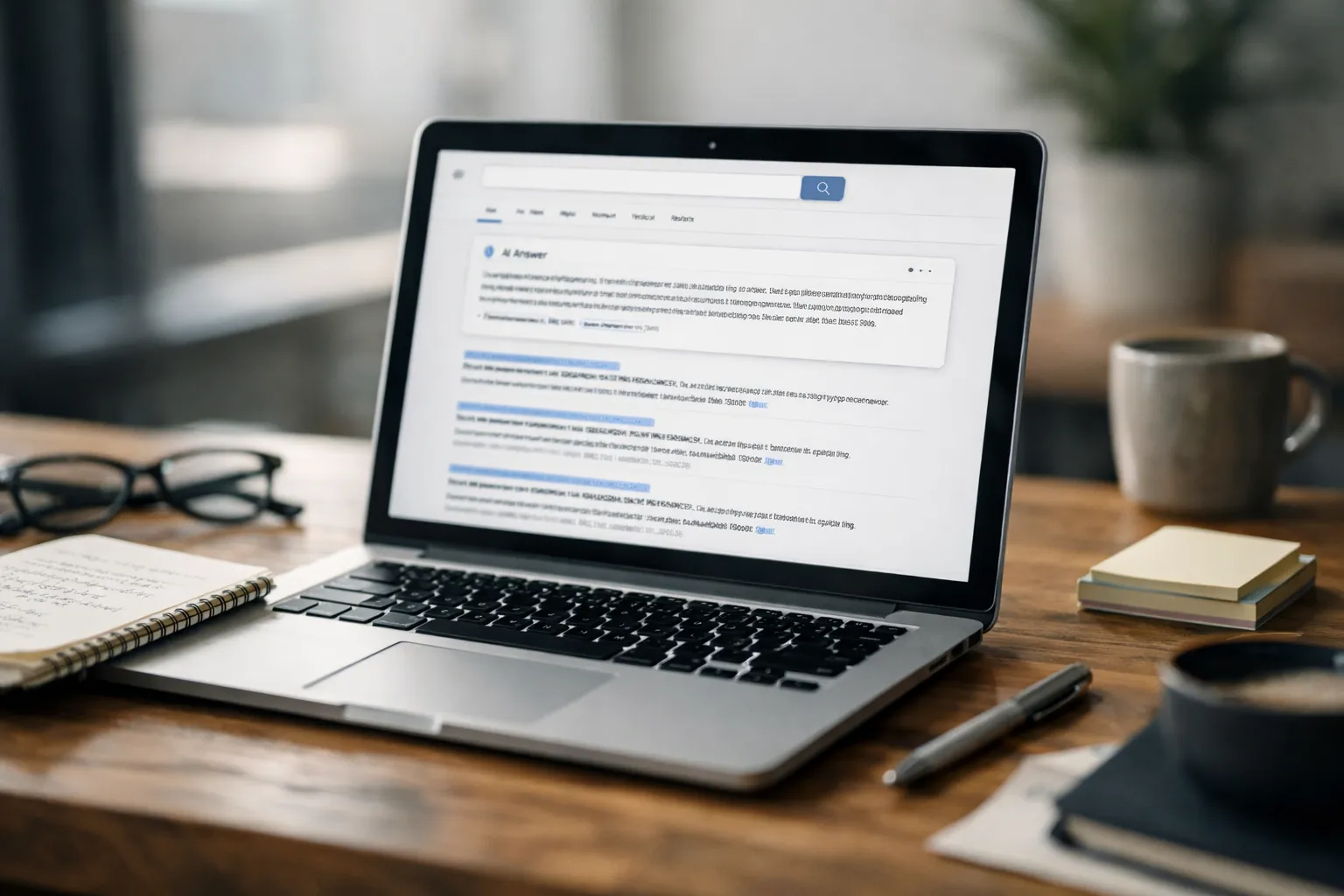 A person reviewing search results on a laptop with notes nearby