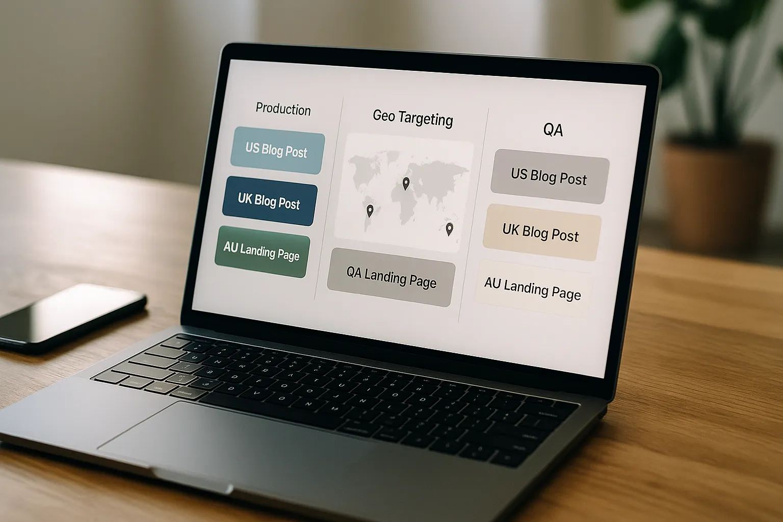 Workflow dashboard for geo targeting SEO production and QA lanes