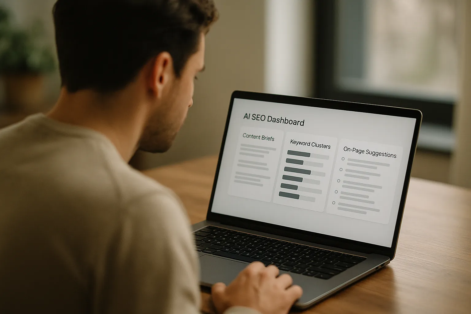 A marketer reviewing an AI-assisted SEO dashboard with content briefs, keyword clusters, and on-page suggestions