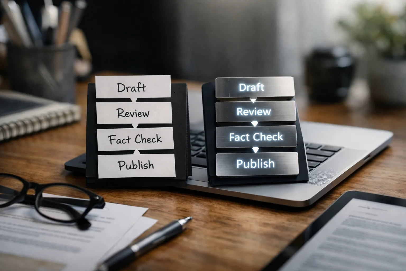 AI vs human content workflow diagram showing draft, review, fact check, and publish stages