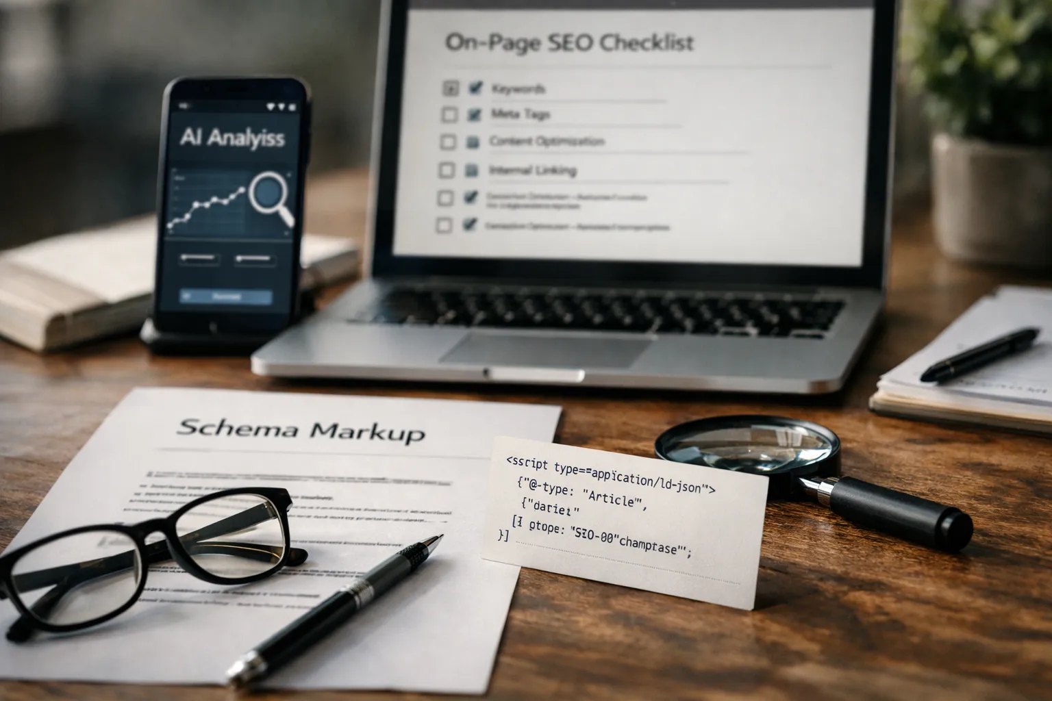 ai for seo on-page checklist with title, headings, and schema callouts