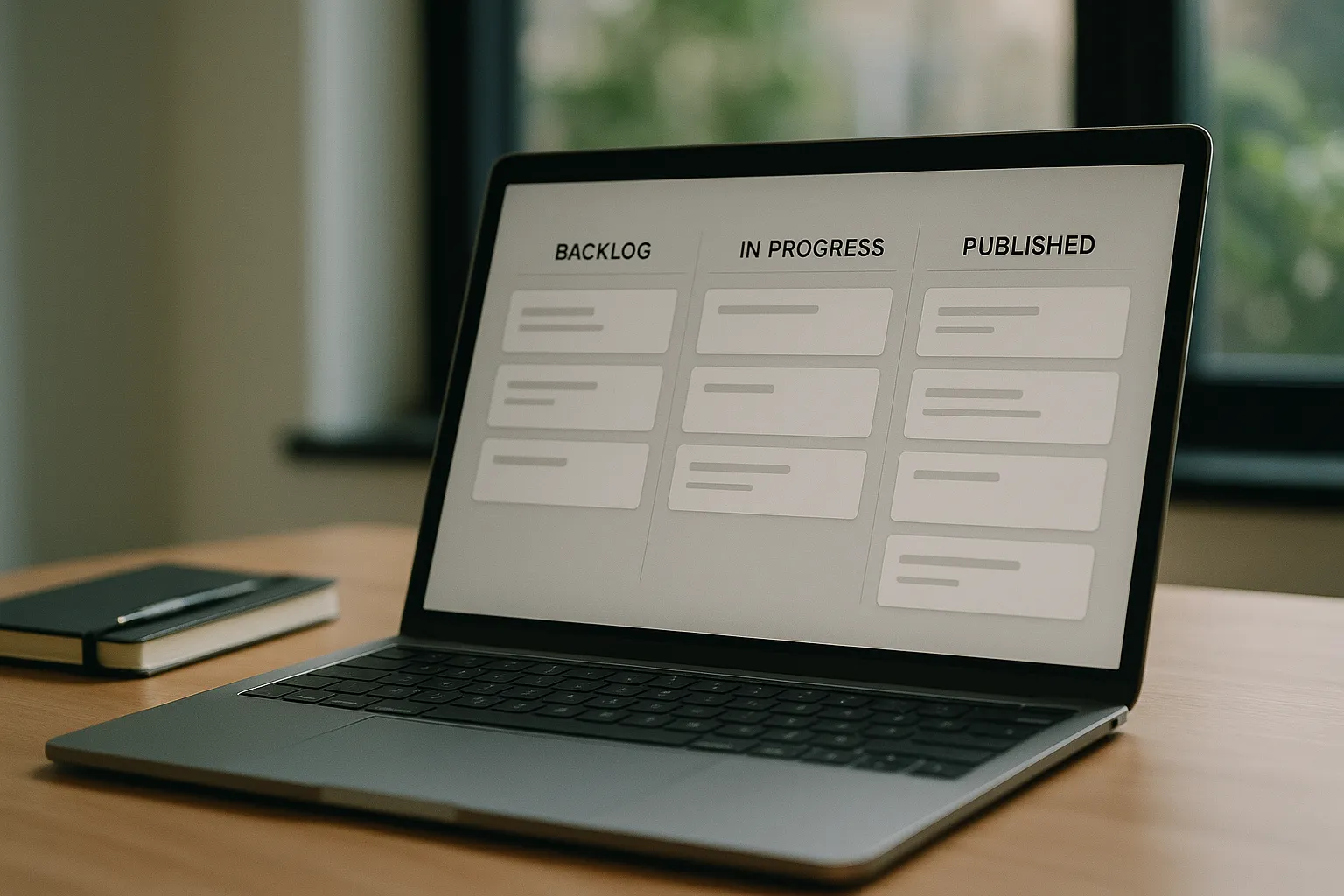 A simple content operations dashboard showing backlog, in-progress, and published lanes