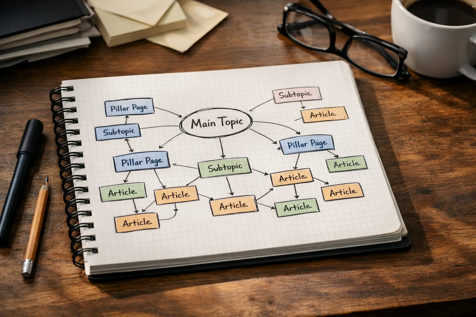A notebook with a topical map sketched out, showing how pages connect