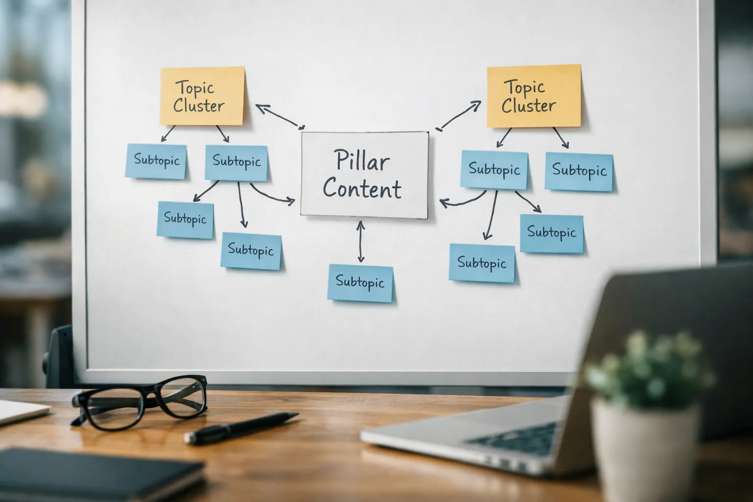 Flowchart showing AI SEO strategy content architecture from pillar to clusters