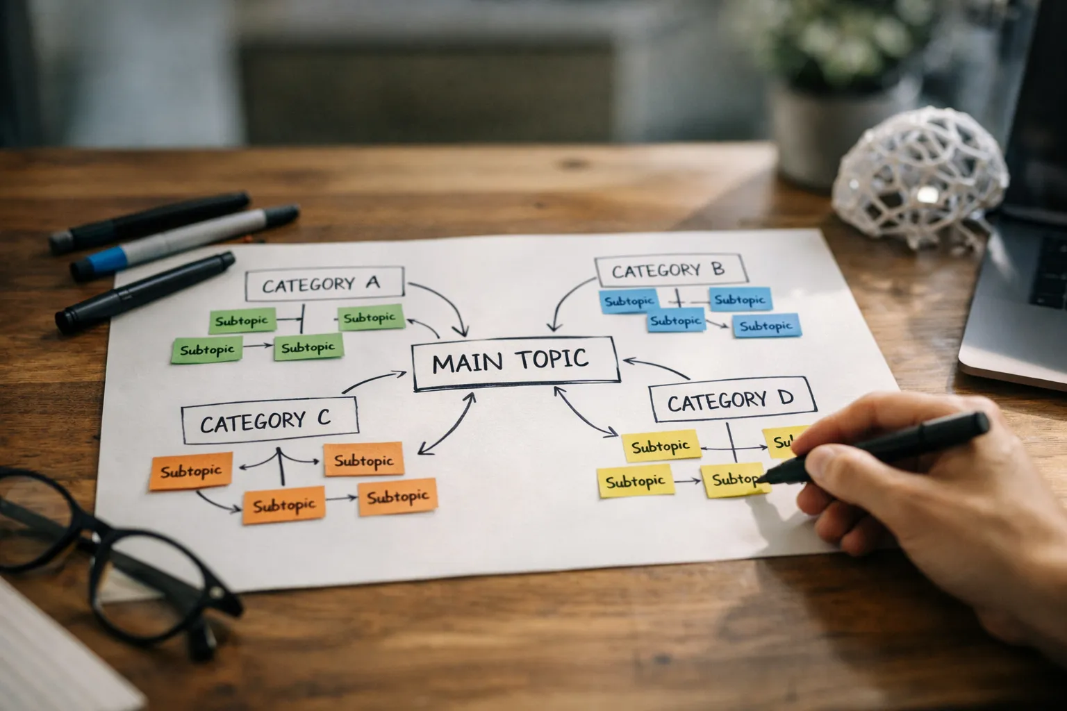 Site map sketch illustrating an ai topic clustering strategy across categories
