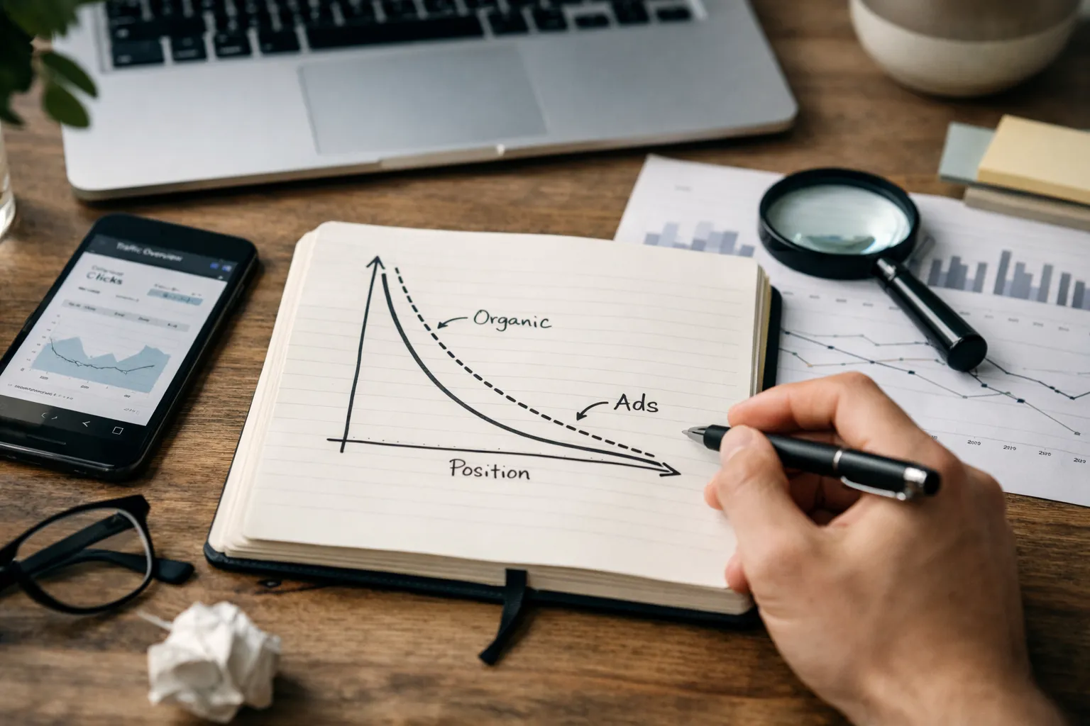 organic traffic and website traffic CTR curve by position and SERP type