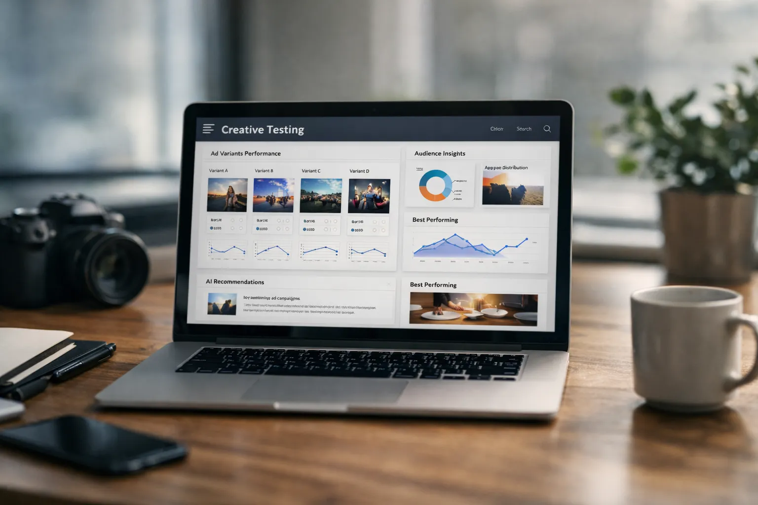 Creative testing dashboard mockup for ai growth tools for startups