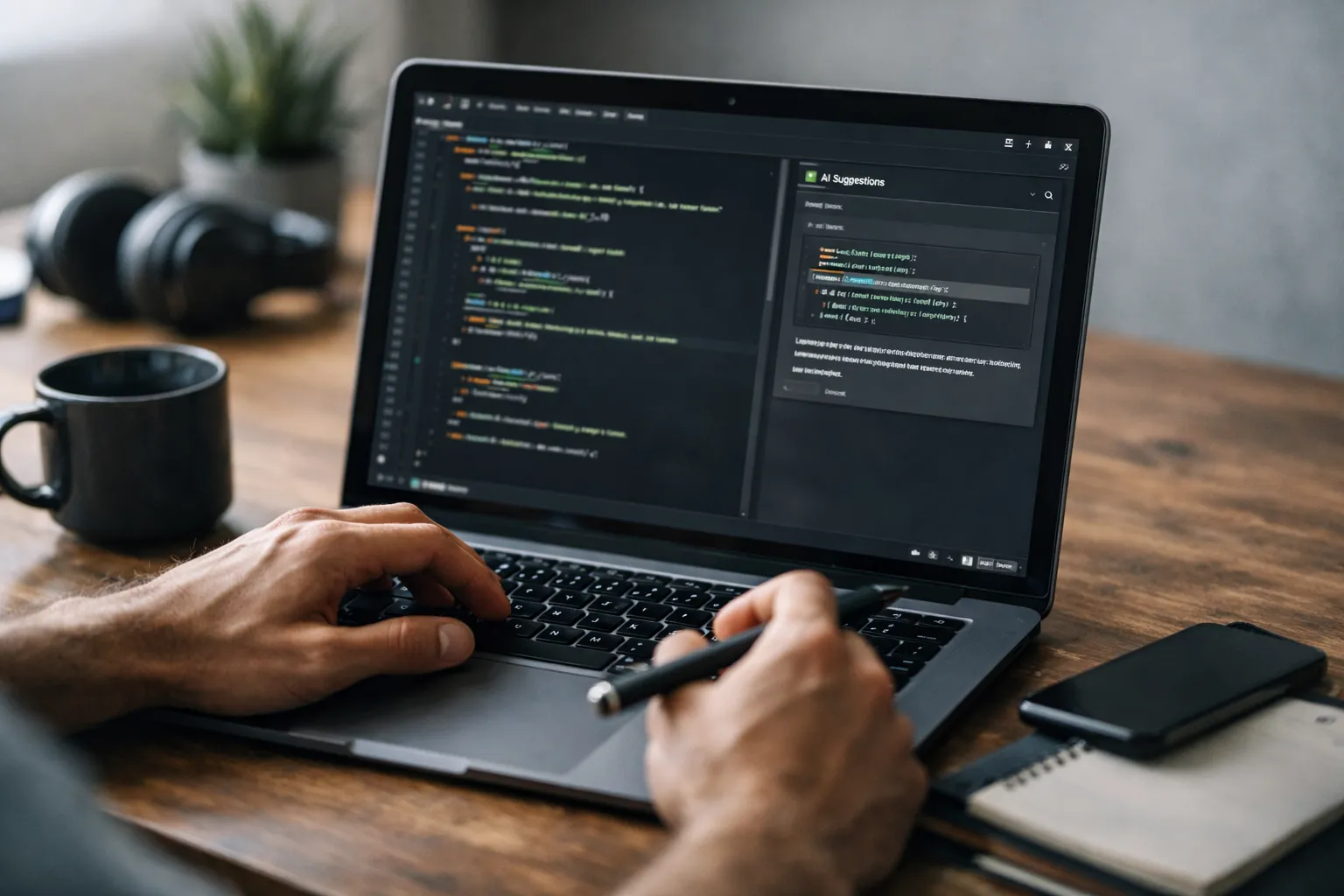 A developer using an AI-assisted code editor on a laptop